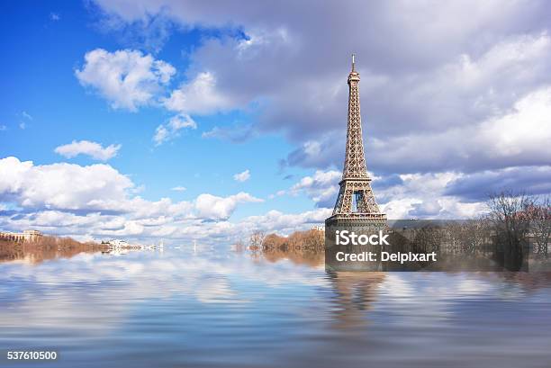 Flood Illustration Of The River Seine Eiffel Tower Paris France Stock Photo - Download Image Now