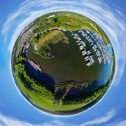 Little planet concept of an aerial view over a harbour zone in Sweden.