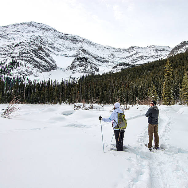 istock Snowshoers stand in awe at trail edge, mountains 537611821