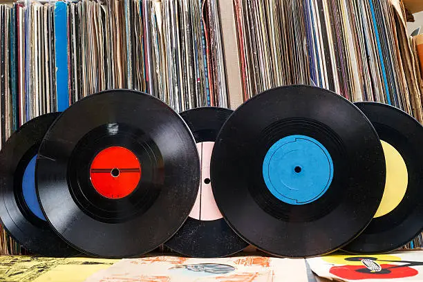 Photo of Vinyl record with copy space in front of a collection