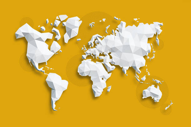 Map of World Low poly white Map of World on yellow background.  west direction stock pictures, royalty-free photos & images