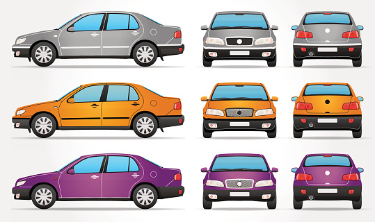 Vector illustration of Car - Classic Sedan Shape - from 3 views - Side, Front and Rear view and in 3 color forms - Silver, Yellow and Violet.