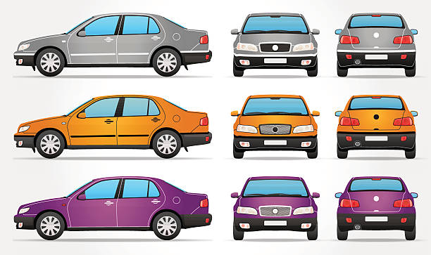 Vector Sedan Car - Side - Front - Rear view Vector illustration of Car - Classic Sedan Shape - from 3 views - Side, Front and Rear view and in 3 color forms - Silver, Yellow and Violet. train vehicle front view stock illustrations