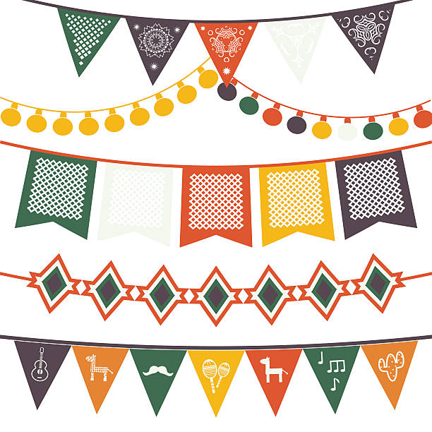 wiszące tradycyjnych meksykańskich banery, flagi, elektryczne oświetlenie, przezroczystego. - mexico mexican culture carnival paper stock illustrations