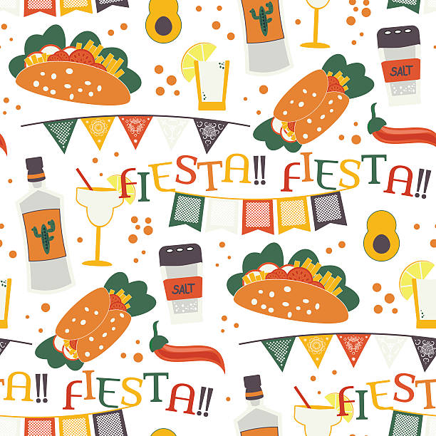 Cinco de Mayo vector seamless pattern with traditional Mexican symbols Cinco de Mayo vector seamless pattern with traditional Mexican symbols, national elements - chili pepper, shot drink tequila, cocktail margarita. Travel to Mexico texture Pattern in swatches panel tako stock illustrations