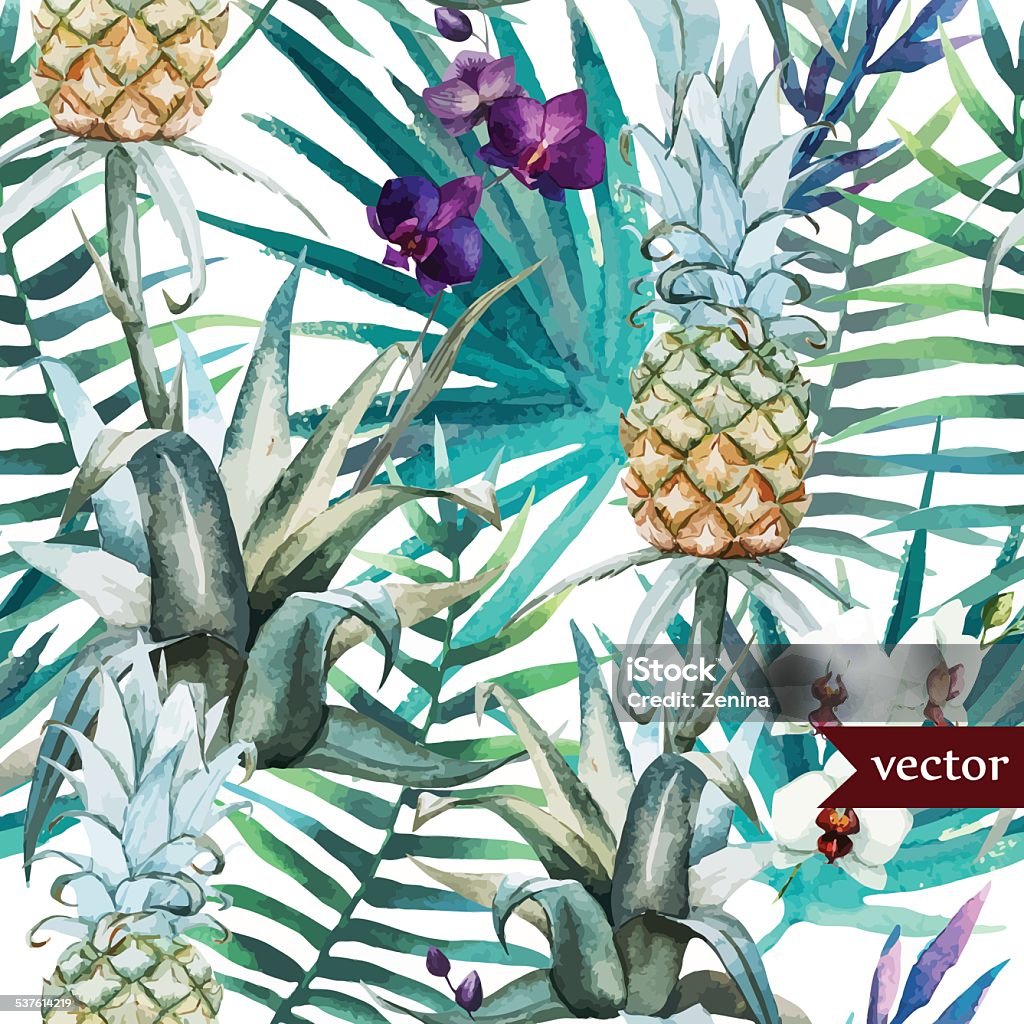 watercolor, tropical, pineapple, exotic, pattern Hawaiian Culture stock vector