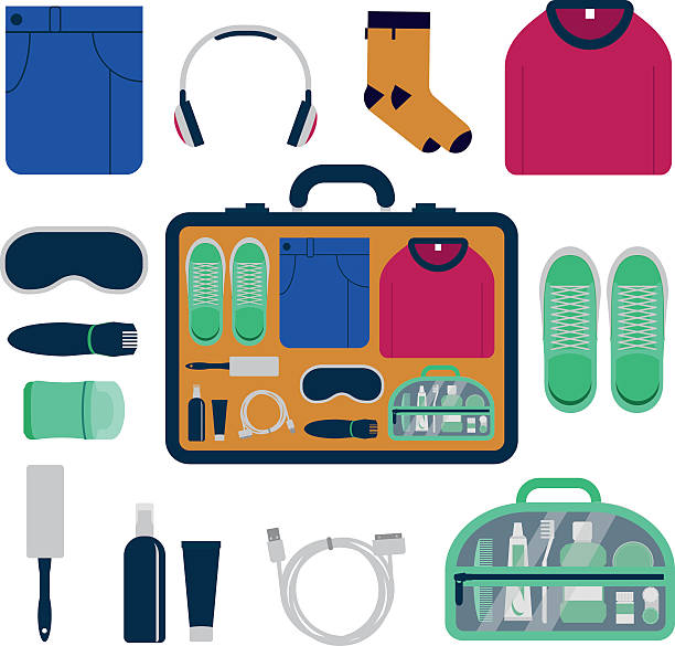 ilustrações de stock, clip art, desenhos animados e ícones de kit de de viagem, conjunto de coisas essenciais para homem. - packing bag travel
