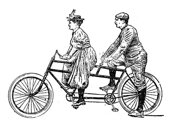антикварная иллюстрация мужчина и женщина на велосипед-тандем - cycling old fashioned retro revival bicycle stock illustrations