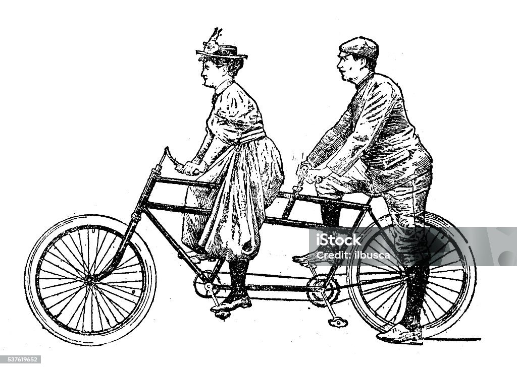 Antique illustration of man and woman on tandem bicycle Illustration stock illustration