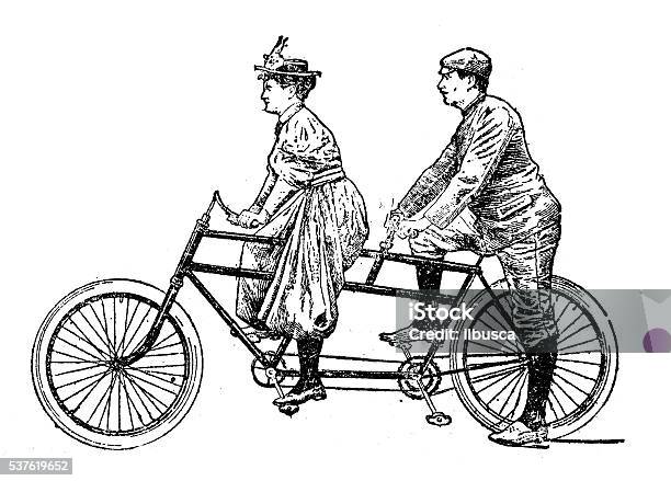 Antique Illustration Of Man And Woman On Tandem Bicycle Stock Illustration - Download Image Now
