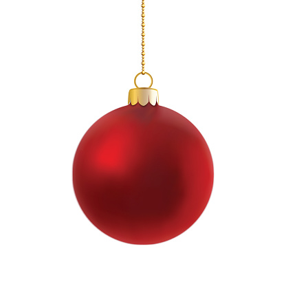 Vector of red satin bauble hanging on golden chain. Isolated on white background with shadow.