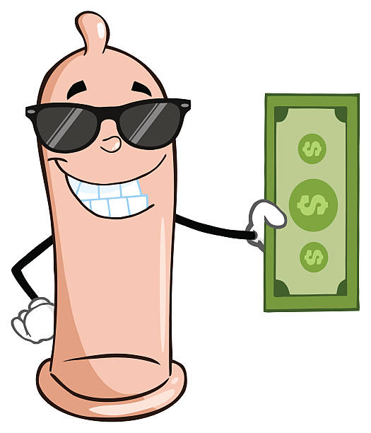 ilustraciones, imágenes clip art, dibujos animados e iconos de stock de condón feliz sosteniendo un dólar con gafas de sol - condom sex orgasm cartoon