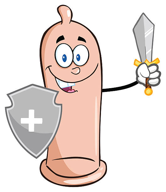 ilustraciones, imágenes clip art, dibujos animados e iconos de stock de feliz condón apantallamiento de retención y espada - condom sex orgasm cartoon