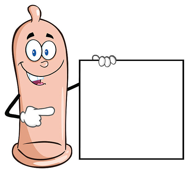 illustrazioni stock, clip art, cartoni animati e icone di tendenza di preservativo felice che indica un cartello vuoto - condom aids orgasm sexual activity