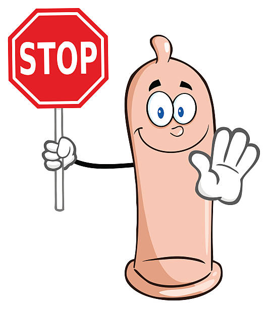 ilustraciones, imágenes clip art, dibujos animados e iconos de stock de feliz sosteniendo un condón señal de pare (stop) - condom sex orgasm cartoon