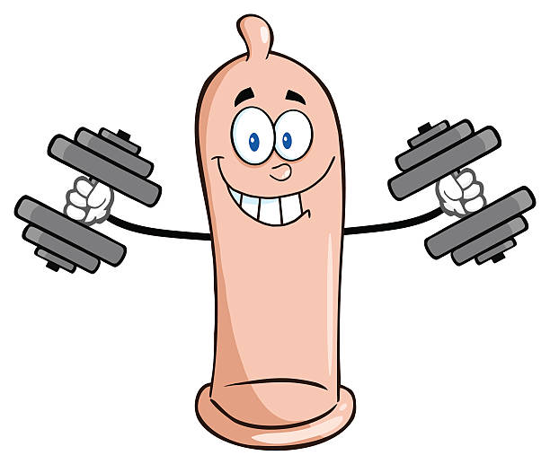 ilustraciones, imágenes clip art, dibujos animados e iconos de stock de feliz condón retención mancuernas - condom sex orgasm cartoon