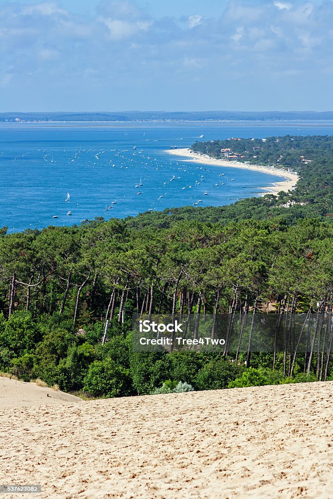 View from dune of Pyla onto the Bassin d'Arcachon View down onto the Bassin of Arcachon with it's famous oyster farms, from the dune of Pyla, Europe's highest dune. South west france, gulf of Biscaya (Cote d'argent). Cap Ferret in the background. Sunny june day. Cap Ferret Stock Photo