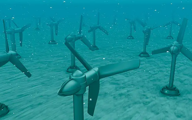 Tidal wave turbines on the bottom of the sea.