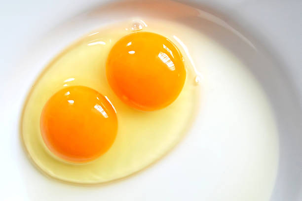 Raw two-yolk egg on the plate Raw two-yolk egg on the plate egg yolk stock pictures, royalty-free photos & images