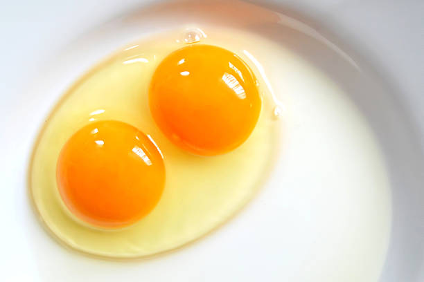 surowe dwie żółtko jaj na talerzu - eggs animal egg cracked egg yolk zdjęcia i obrazy z banku zdjęć