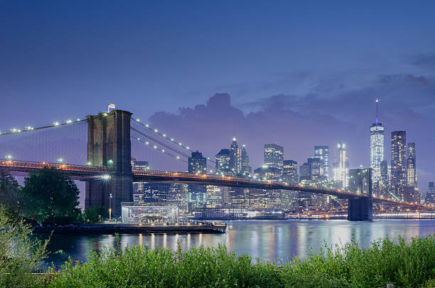 Skyline New York City and Brooklyn Bridge at Sunset stock photo