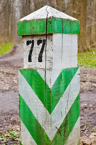 Old, wooden, demarcation, border sign, set in the woods