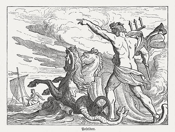 ilustraciones, imágenes clip art, dibujos animados e iconos de stock de poseidón, mitología griega, grabado en madera, publicado en 1880 - mitologia griega