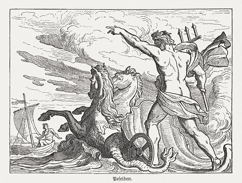 The angry Poseidon. Figure from the Greek mythology. Wood engraving, published in 1880.