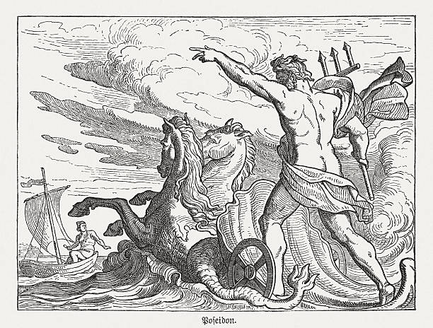 Poseidon, Greek mythology, wood engraving, published in 1880 The angry Poseidon. Figure from the Greek mythology. Wood engraving, published in 1880. wrath of god stock illustrations