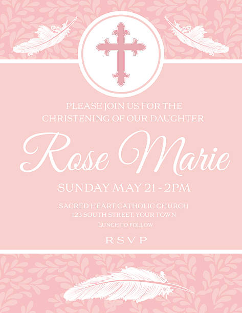 Baby Girl Baptism Or Christening Invitation Template Baby Girl Baptism Or Christening Invitation Template. Soft pastel pinks and white. Three layers, one for the background, the objects and the text on top for easy removal. There is a cross at the top and feathers. christening stock illustrations