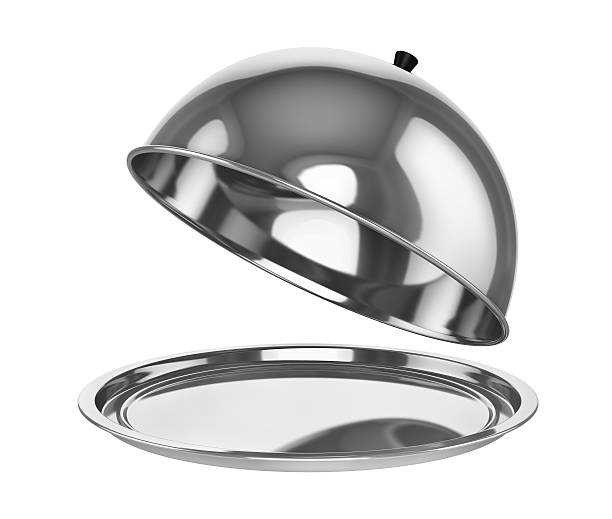istock Restaurant chrome cloche with open lid. 3d illustration 537628842