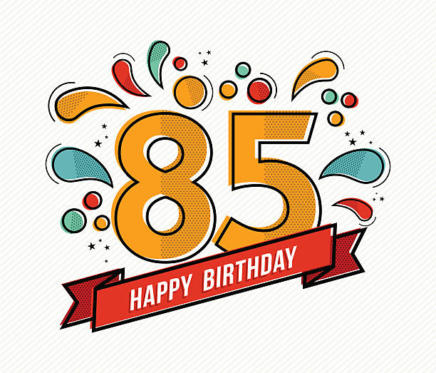Colorful happy birthday number 85 flat line design Happy birthday number 85, greeting card for eighty five year in modern flat line art with colorful geometric shapes. Anniversary party invitation, congratulations or celebration design. EPS10 vector. senior birthday card stock illustrations