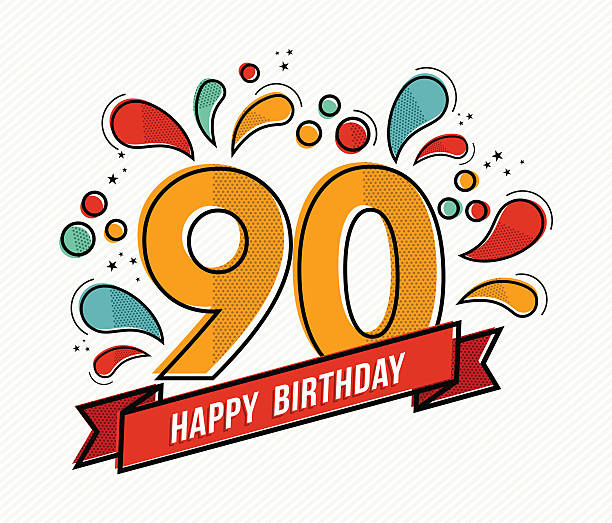Colorful happy birthday number 90 flat line design Happy birthday number 90, greeting card for ninety year in modern flat line art with colorful geometric shapes. Anniversary party invitation, congratulations or celebration design. EPS10 vector. senior birthday card stock illustrations