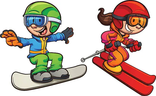 Vector illustration of Skiing and snowboarding kids