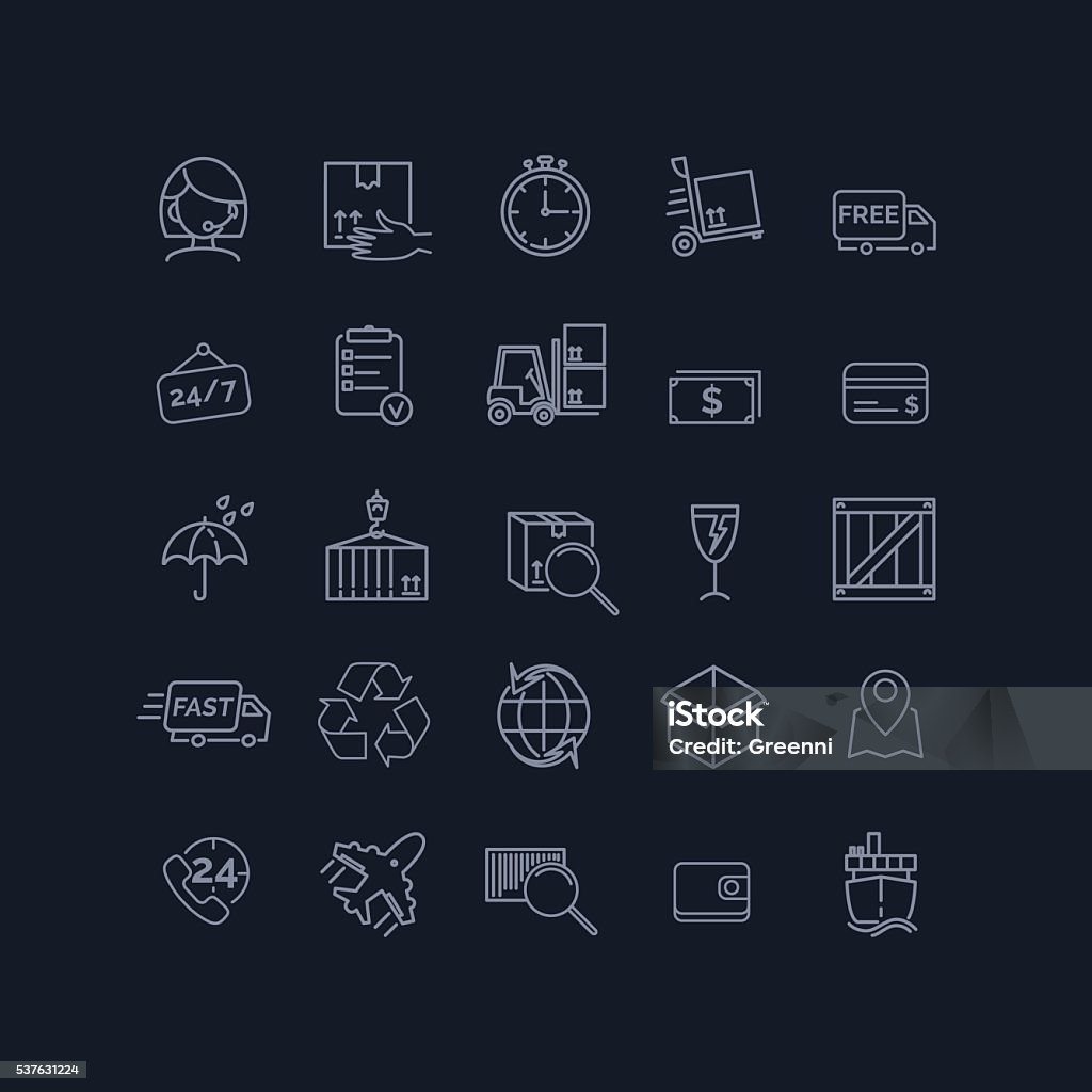 related to shipping, delivery and logistics icons Vector thin line icon set related to shipping, delivery and logistics on a black background for your design Icon Set stock vector