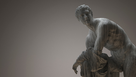 3D conceptual museum exhibit image. Hermes Fastening his Sandal.