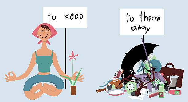 What to keep and what to get rid of Happy woman sitting in meditation pose under "to keep" sign, next to a pile of clutter under "to throw away" sign, EPS 8 vector illustration belongings stock illustrations