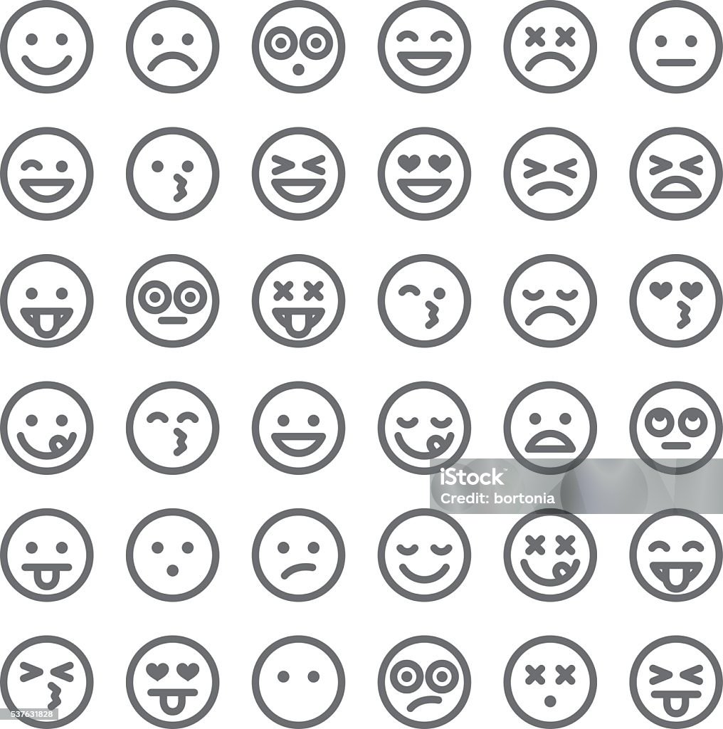 Cute Set of Simple Emojis A simple set of 36 different emoji faces. Emotions include happy, sad, surprised, hungry, dead, upset, angry, ambivalent, in love, and so on. Anthropomorphic Smiley Face stock vector