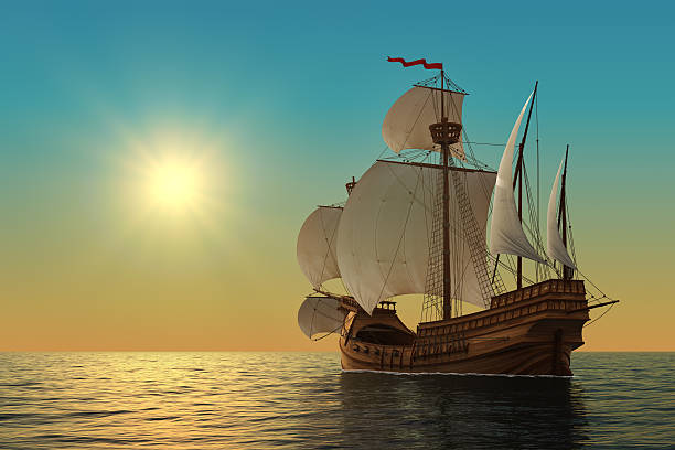 Caravel In The Ocean Caravel In The Ocean. Realistic 3D Illustration. sailing ship stock pictures, royalty-free photos & images