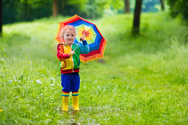 istock Funny child playing in the rain 537637498