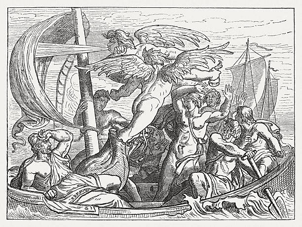 Wind God Aeolus brings Ulysses misfortune, Greek mythology, published 1880 The Gift of the Wind God Aeolus brings Ulysses misfortune and he was blown back to floating island Aeolia.  Scene from the Greek Mythology. Wood engraving, published in 1880. ulysses stock illustrations