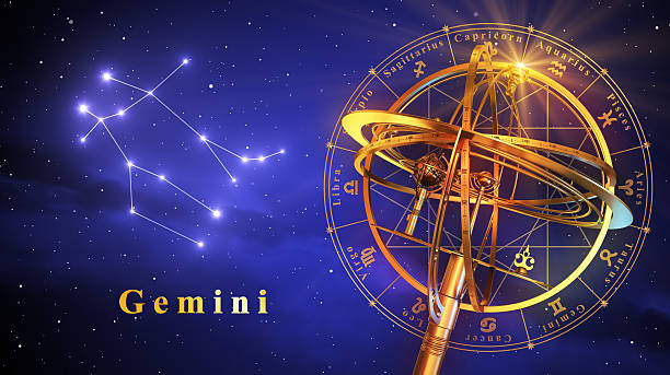 Armillary Sphere And Constellation Gemini Over Blue Background Armillary Sphere And Constellation Gemini Over Blue Background. 3D Illustration. fortune telling machine stock pictures, royalty-free photos & images