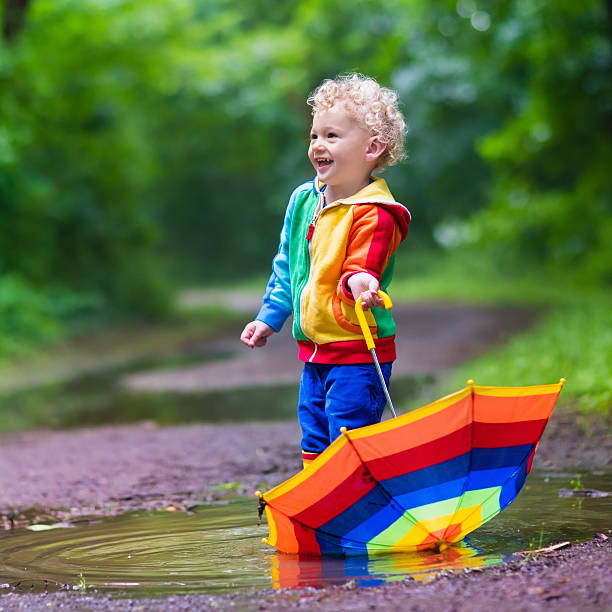 istock Adorable child playing in the rain 537638592