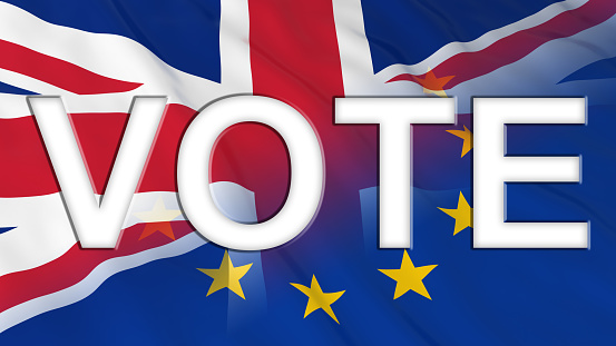 Brexit Vote - White Vote text cut out of UK and EU Flags - 3D Illustration