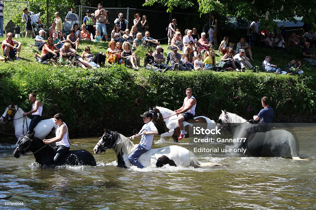 Appleby Horse Fair, Cumbria Appleby-in-Westmoreland, England - June 03, 2016: Spectators gathered on the banks of the river Eden to watch the horses being washed prior to trading during the Appleby Horse Fair, an annual gathering of Gypsies and Travellers which takes place in the first week of June.  Appleby Horse Fair is unique in Europe, attracting around 10,000 Gypsies and Travellers and up to 30,000 visitors. England Stock Photo