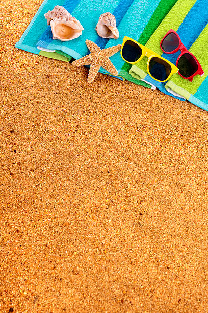 istock Tropical summer beach background, sunglasses 537640640