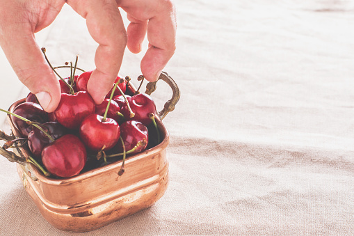 Hand holding one cherry over the copper bowl on soft background with copy space.