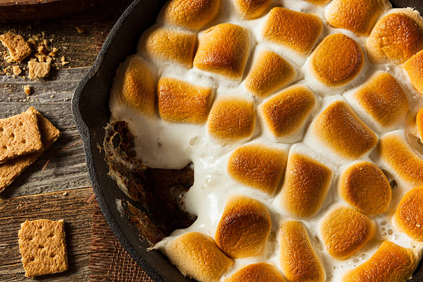 s'mores dip casero con galletas graham - alimento tostado fotografías e imágenes de stock