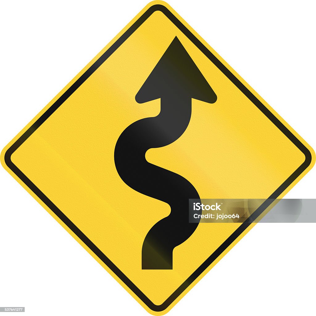 Winding Road Right US road warning sign: Winding road, right version 2015 Stock Photo