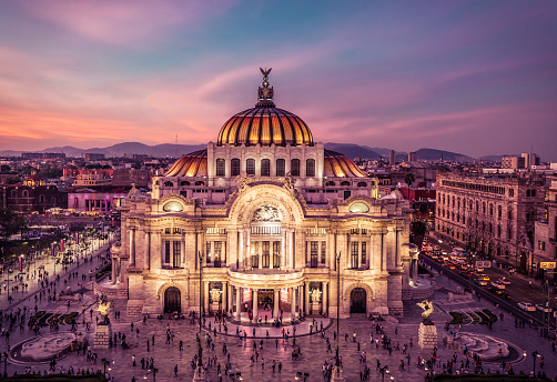 Mexico City, Mexico- April 29, 2016: Aerial View of Palacio de Bellas Artes, Mexico City, at Dusk.